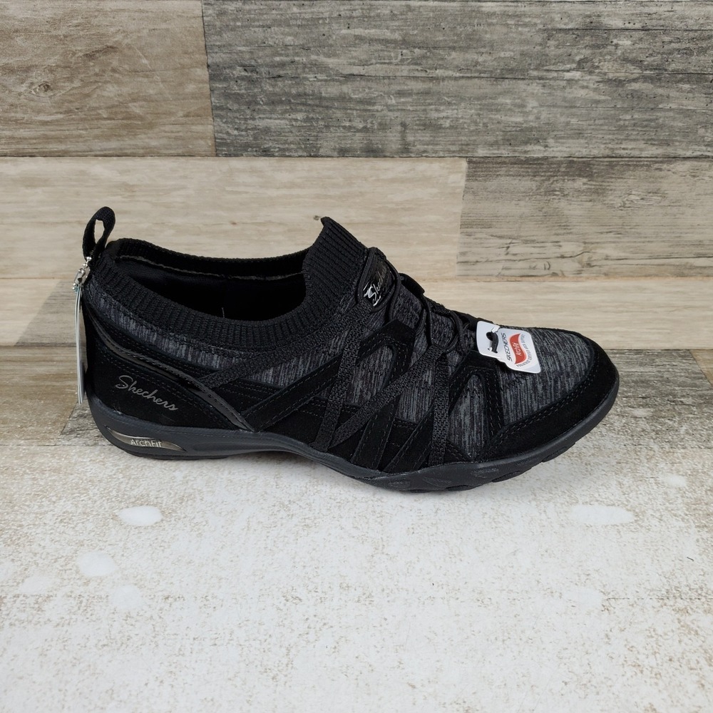 Skechers Arch Fit Comfy Bold Statement Womens Shoe Sz 6 Black Fixed Lace Sneaker